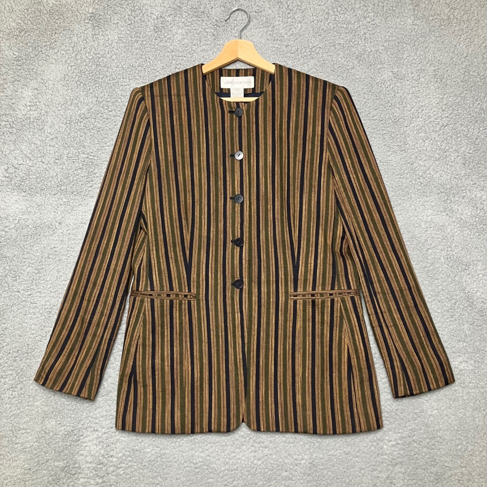 VTG Jones NY Linen Collarless Blazer Women 10 Olive Brown Black Striped Jacket
